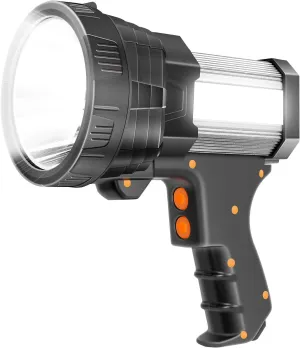 Rechargeable Spotlight Super Bright LED Flashlight Outdoor Handheld Spot Light High Lumen 9600mAh Long Lasting Large Torchlight Searchlight Floodlight Hiking Flashlight USB Output (Silver)