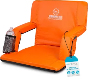 Recliner Stadium Seat for Bleachers, Benches, Lawns, Backyard, Camping & Beach – Padded Sport Chair, Cushion Backs & Armrest – 6 Reclining Positions – Portable Carry Straps – Orange