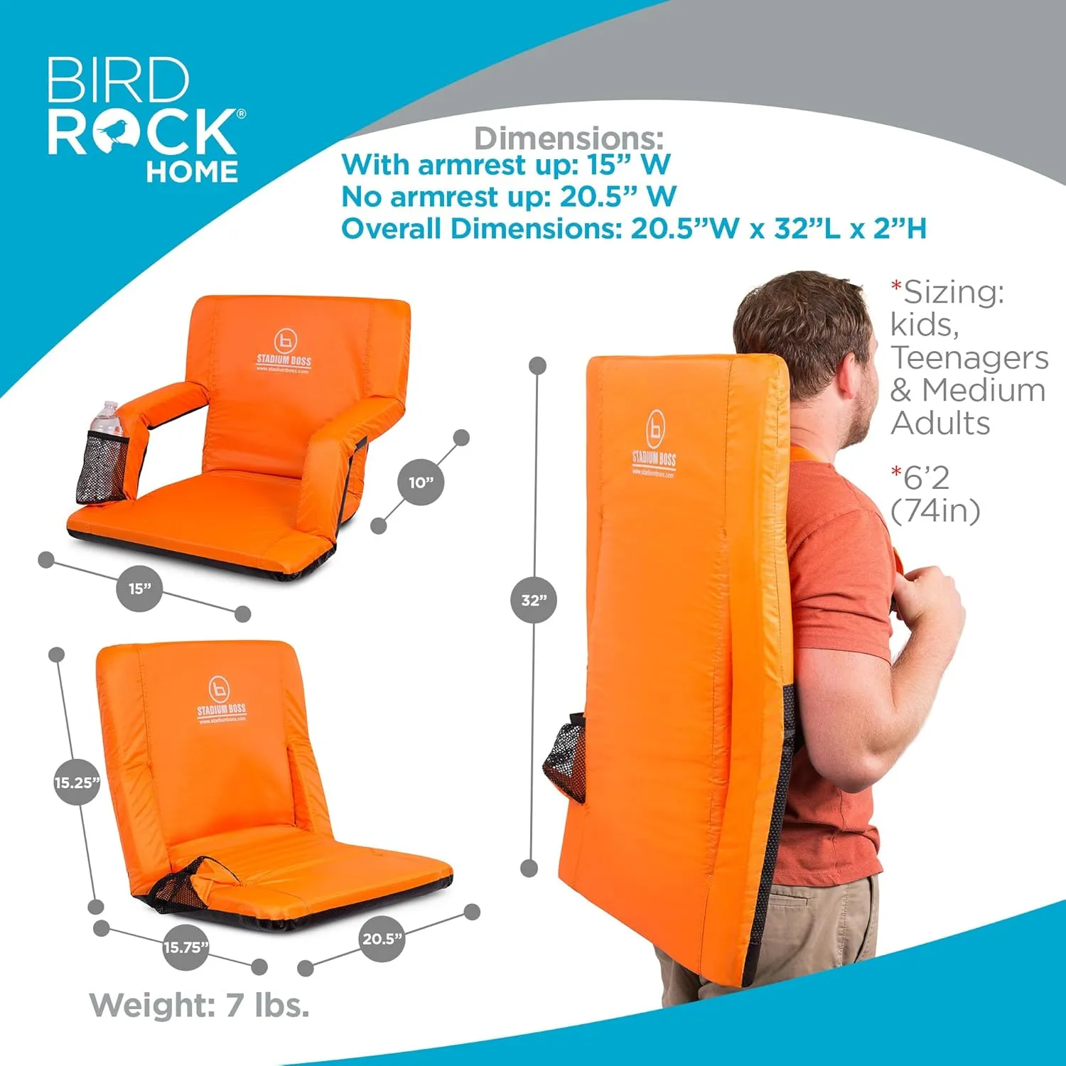 Recliner Stadium Seat for Bleachers, Benches, Lawns, Backyard, Camping & Beach – Padded Sport Chair, Cushion Backs & Armrest – 6 Reclining Positions – Portable Carry Straps – Orange
