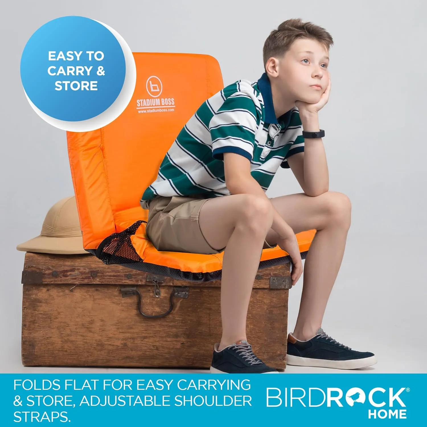 Recliner Stadium Seat for Bleachers, Benches, Lawns, Backyard, Camping & Beach – Padded Sport Chair, Cushion Backs & Armrest – 6 Reclining Positions – Portable Carry Straps – Orange