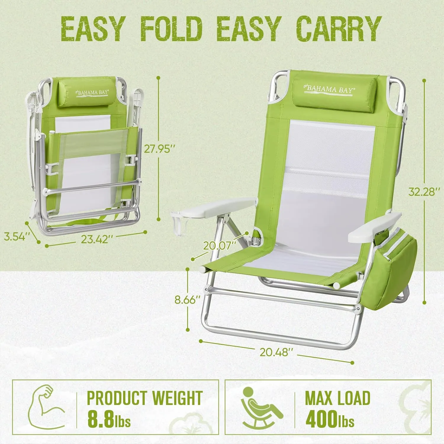 Reclining Beach Chair Backpack 5-Position Lay Flat Lounge Chair for Adults Heavy Duty Portable Folding Lightweight with Cooler Bag Camping Chair for Sand Outdoor