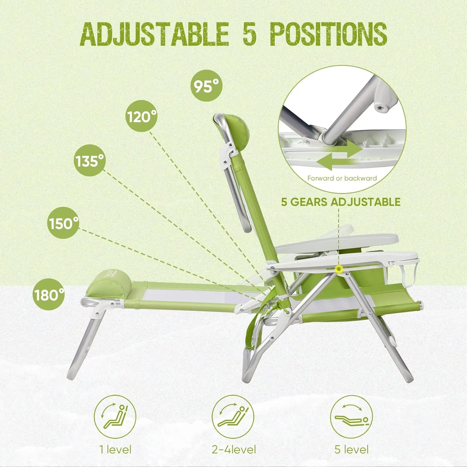 Reclining Beach Chair Backpack 5-Position Lay Flat Lounge Chair for Adults Heavy Duty Portable Folding Lightweight with Cooler Bag Camping Chair for Sand Outdoor