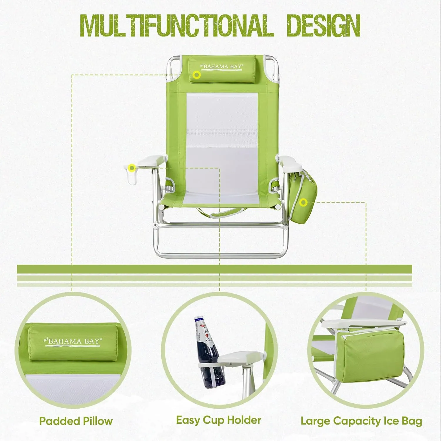 Reclining Beach Chair Backpack 5-Position Lay Flat Lounge Chair for Adults Heavy Duty Portable Folding Lightweight with Cooler Bag Camping Chair for Sand Outdoor