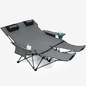 Reclining Camping Chair for 2 Person Outdoor Lawn Beach Patio, Double Camping Chair with Foot Rest, Portable Folding Lounge Loveseat with Removable Headrests & Footrest