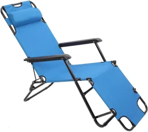 Reclining Camping Chair Portable Folding Mesh Chair with Adjustable Backrest and Headrest, Cotton Cushion Recliner Beach Chair Outdoor Camp Picnics for Outdoor (Blue)