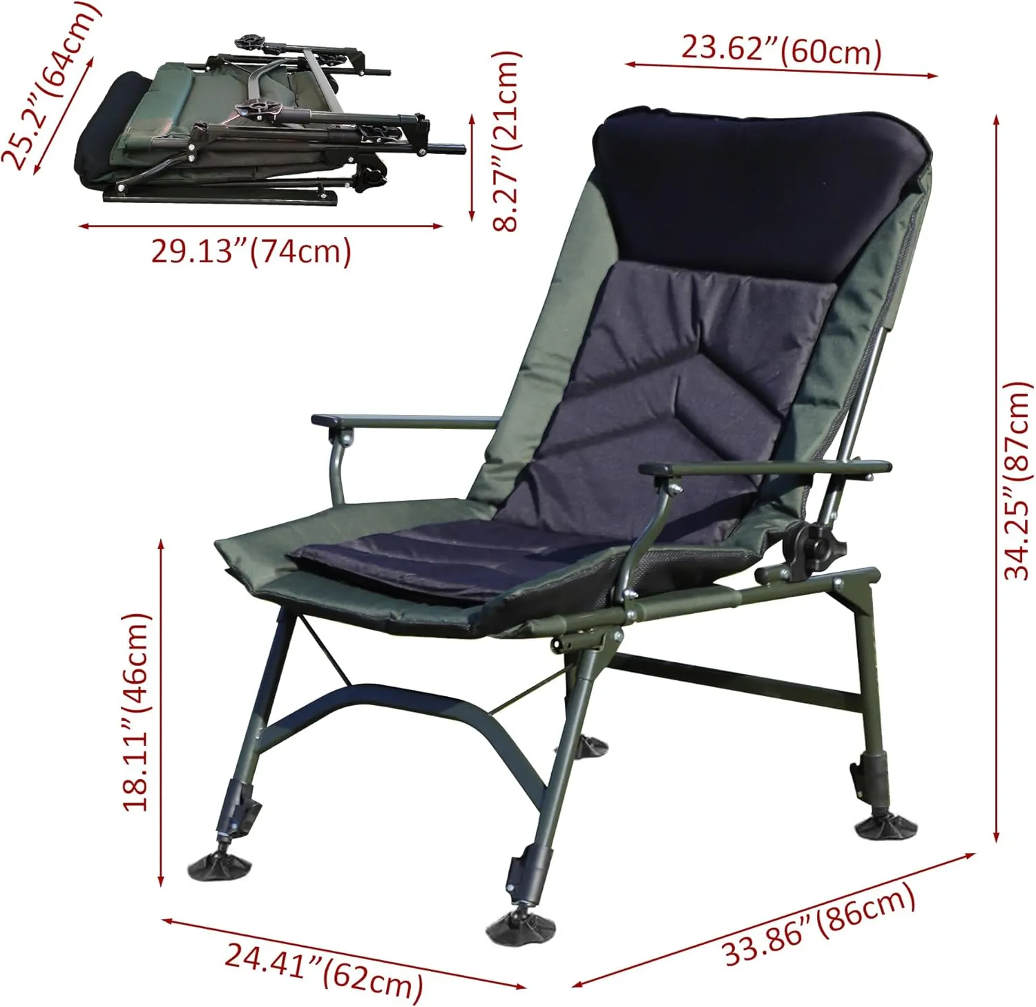 Reclining Camping Chair with Adjustable Foot Cup，Portable Adjustable Folding Chairs， Cotton Cushion Lounge Chair for Adults Indoor and Outdoor Camping Beach Hiking Fishing (Green Black)