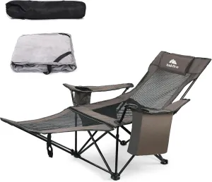 Reclining Camping Chair with Foot Rest Comfortable Lounge Beach Chair Portable Folding Camp Chairs for Adults with Cooler Bag, Cotton Cushion for Outdoor Sports 300 LBS