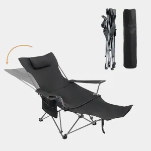 Reclining Camping Chair with Removable Footrest, Black Reclining Beach Chair Folding, 300 lbs Capacity, Camping Lounge Chair with Pillow and Cup Holder, Foldable Outdoor Chair