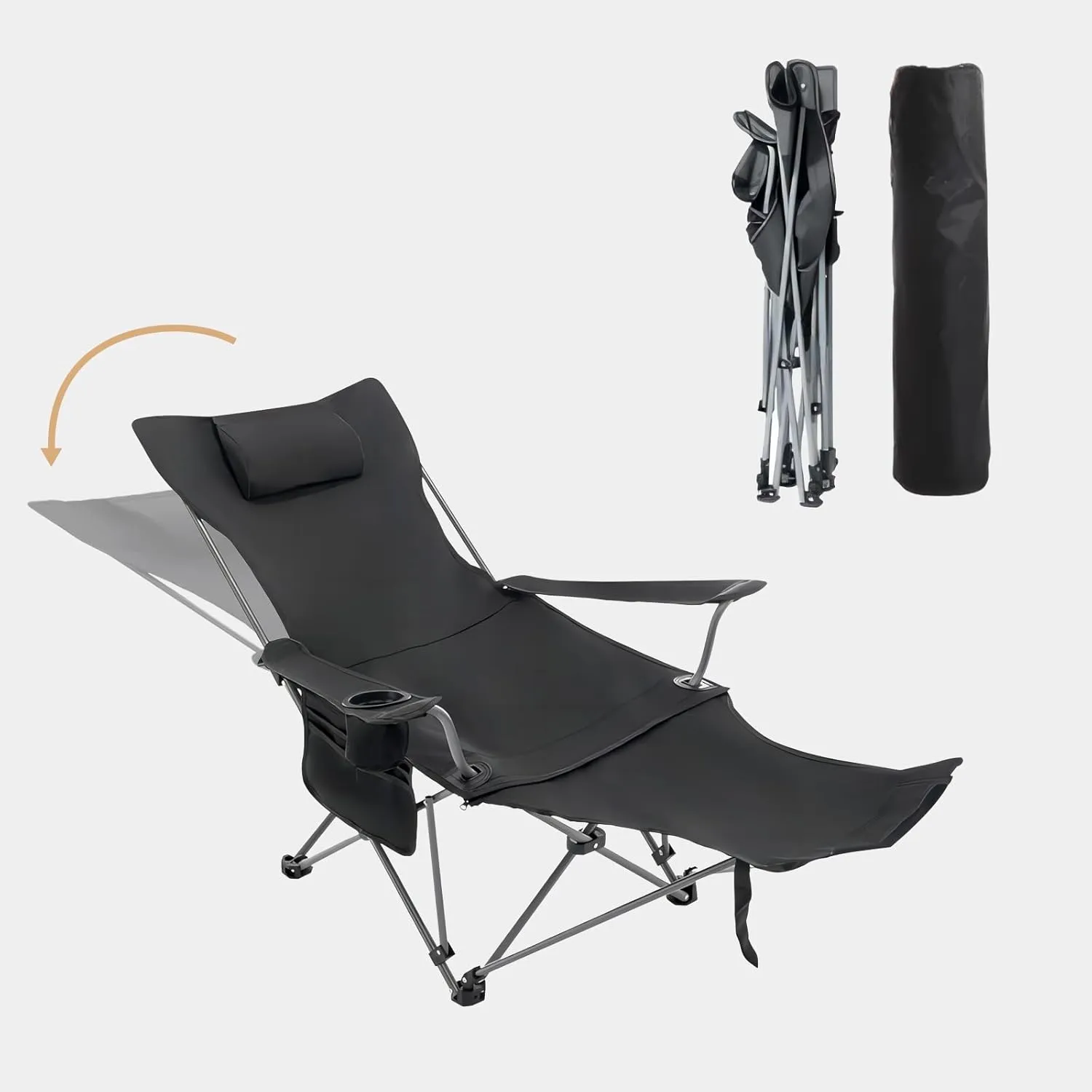 Reclining Camping Chair with Removable Footrest, Black Reclining Beach Chair Folding, 300 lbs Capacity, Camping Lounge Chair with Pillow and Cup Holder, Foldable Outdoor Chair