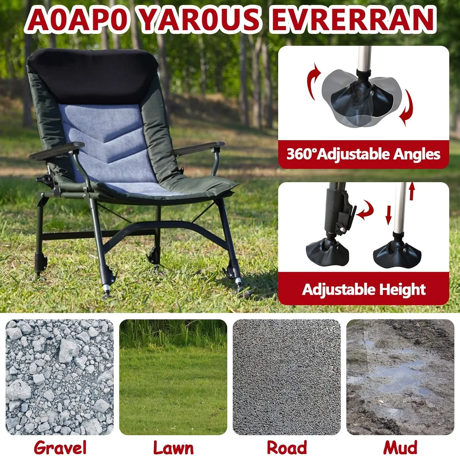Reclining Camping Chairs with Adjustable Backrest, Folding Lounge Chair Support 330 LBS, Portable Reclining Chair with Armrests for Adults (No Footrest, Black Grey,Green)