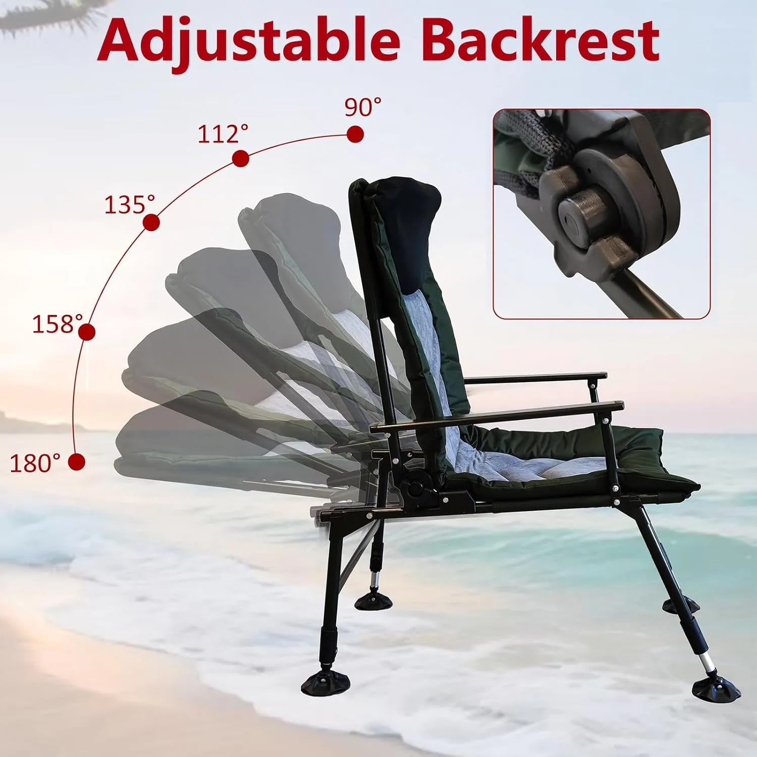 Reclining Camping Chairs with Adjustable Backrest, Folding Lounge Chair Support 330 LBS, Portable Reclining Chair with Armrests for Adults (No Footrest, Black Grey,Green)