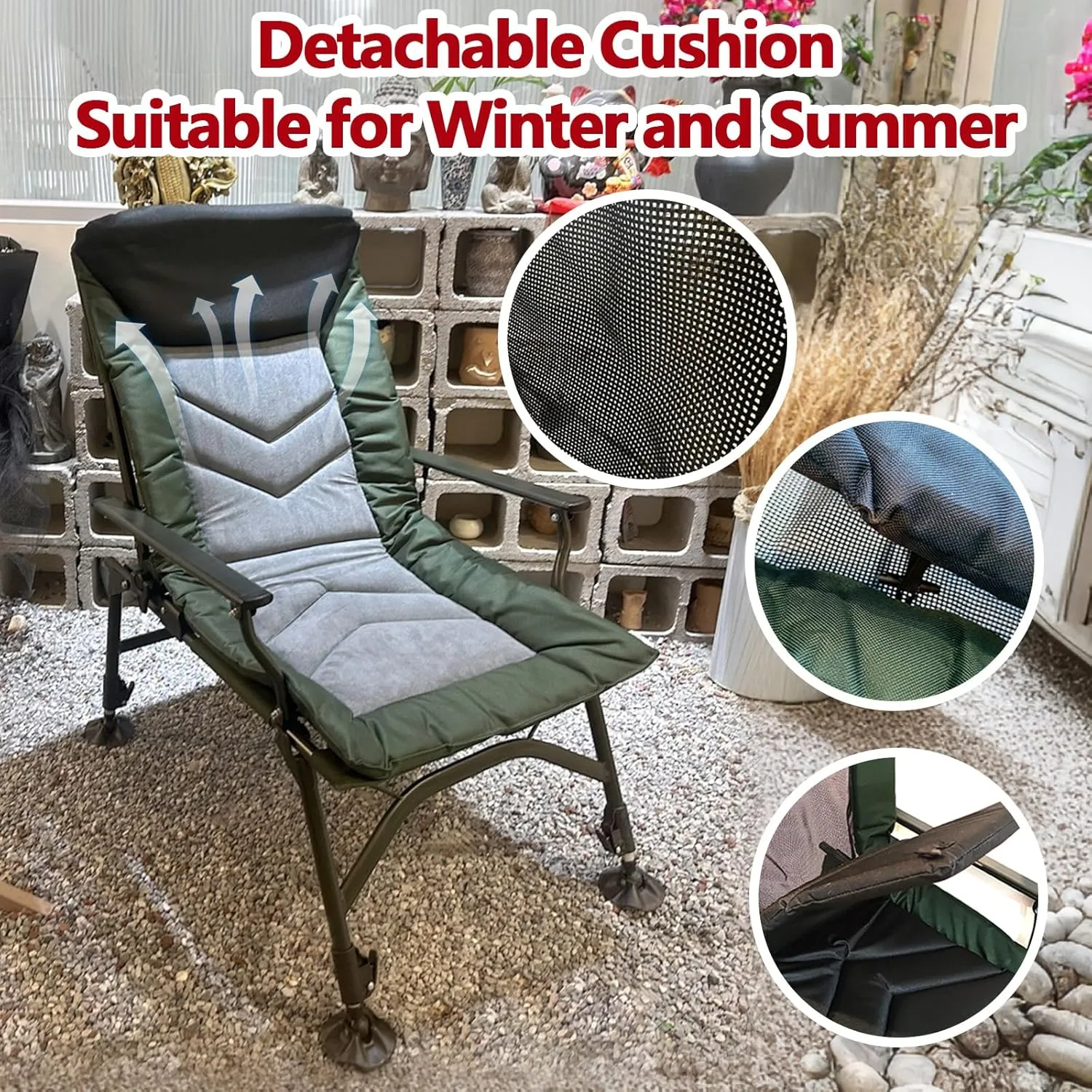 Reclining Camping Chairs with Adjustable Backrest, Folding Lounge Chair Support 330 LBS, Portable Reclining Chair with Armrests for Adults (No Footrest, Black Grey,Green)