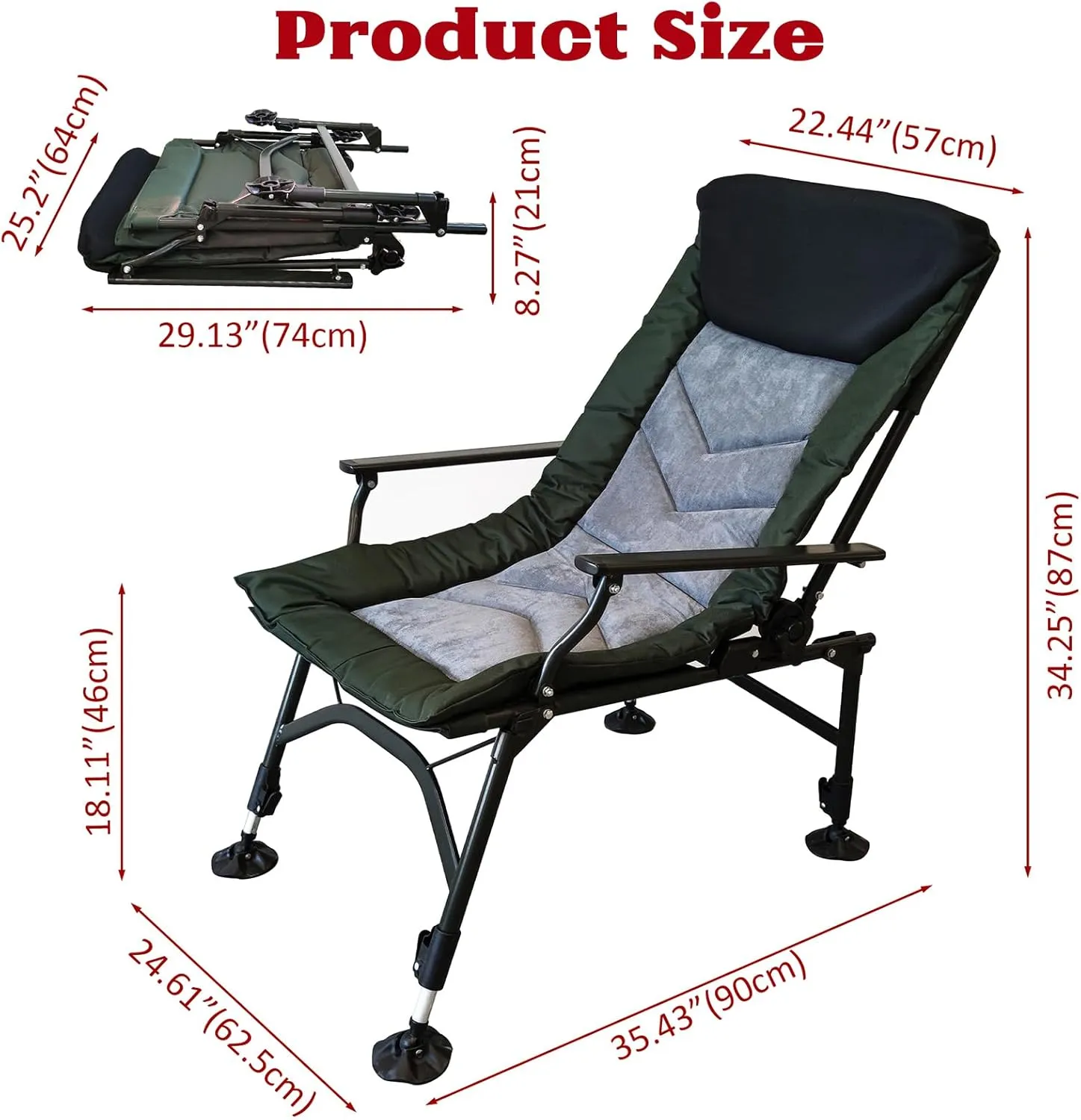 Reclining Camping Chairs with Adjustable Backrest, Folding Lounge Chair Support 330 LBS, Portable Reclining Chair with Armrests for Adults (No Footrest, Black Grey,Green)