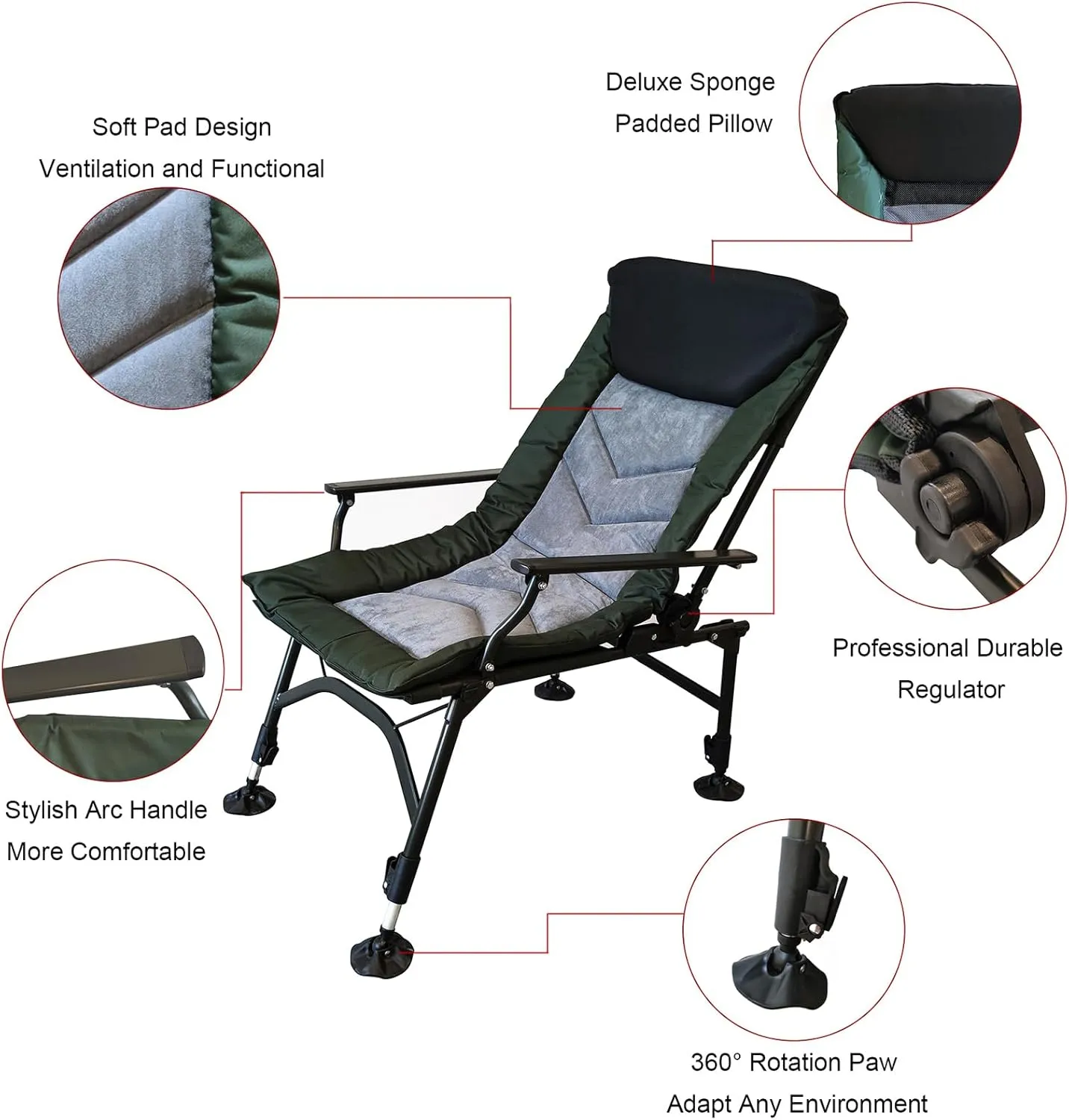 Reclining Camping Chairs with Adjustable Backrest, Folding Lounge Chair Support 330 LBS, Portable Reclining Chair with Armrests for Adults (No Footrest, Black Grey,Green)