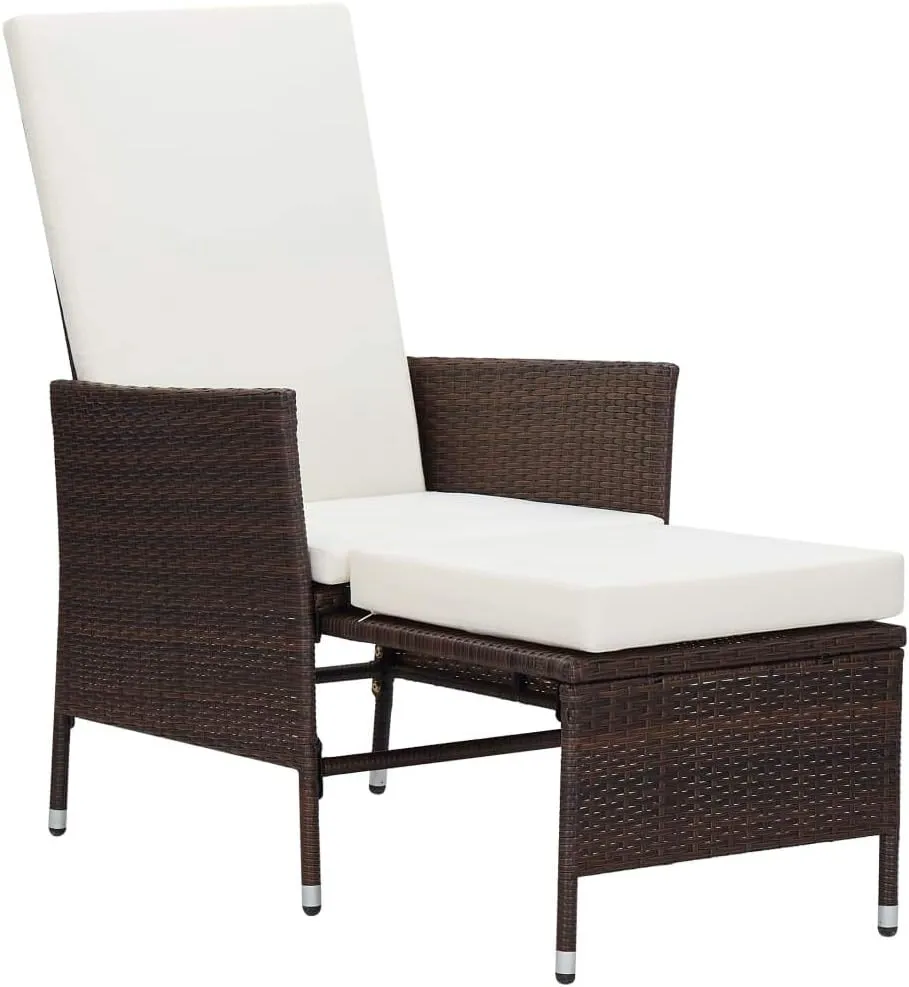 Reclining Patio Chair with Cushions Brown Poly Rattan Outdoor Lounge Chair with Adjustable Backrest and Built-in Footrest for Patio Deck Garden