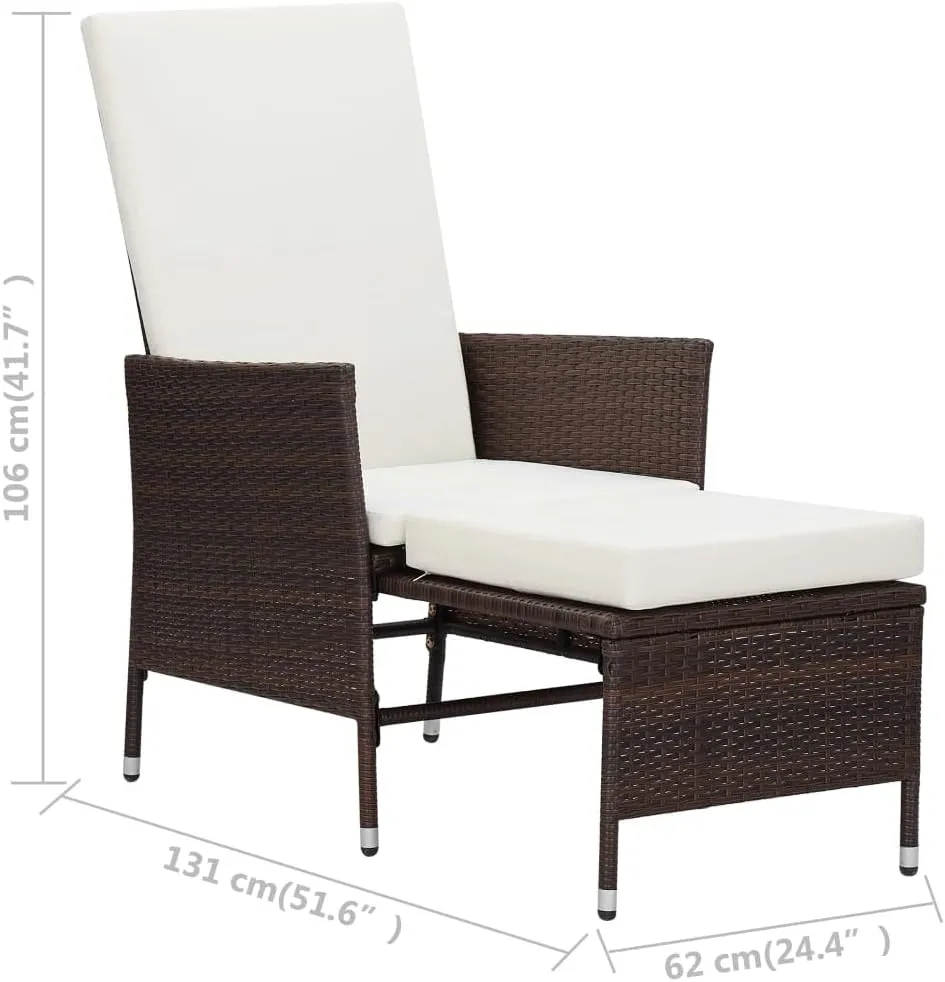 Reclining Patio Chair with Cushions Brown Poly Rattan Outdoor Lounge Chair with Adjustable Backrest and Built-in Footrest for Patio Deck Garden