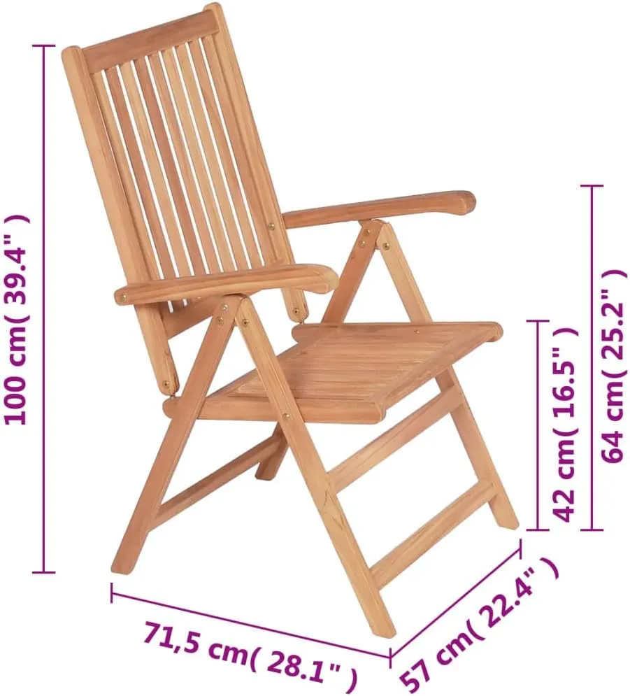 Reclining Patio Chairs 2 pcs Solid Teak Wood Folding Chairs Outdoor Furniture Lounge Chairs for Patio, Garden, Balcony, and Poolside with 7 Reclining Positions
