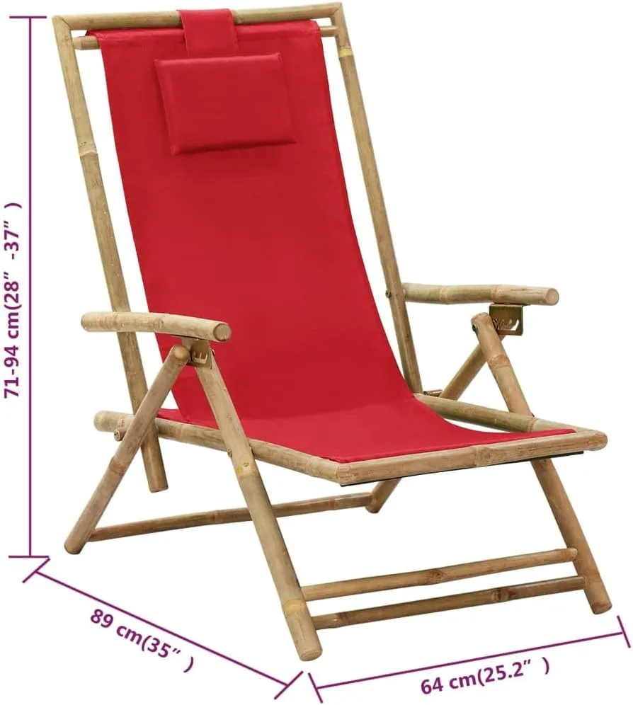 Reclining Relaxing Chair Folding Lounge Chair Red Bamboo and Fabric Outdoor Patio Furniture Adjustable Backrest for Garden, Beach, Camping, and Living Room