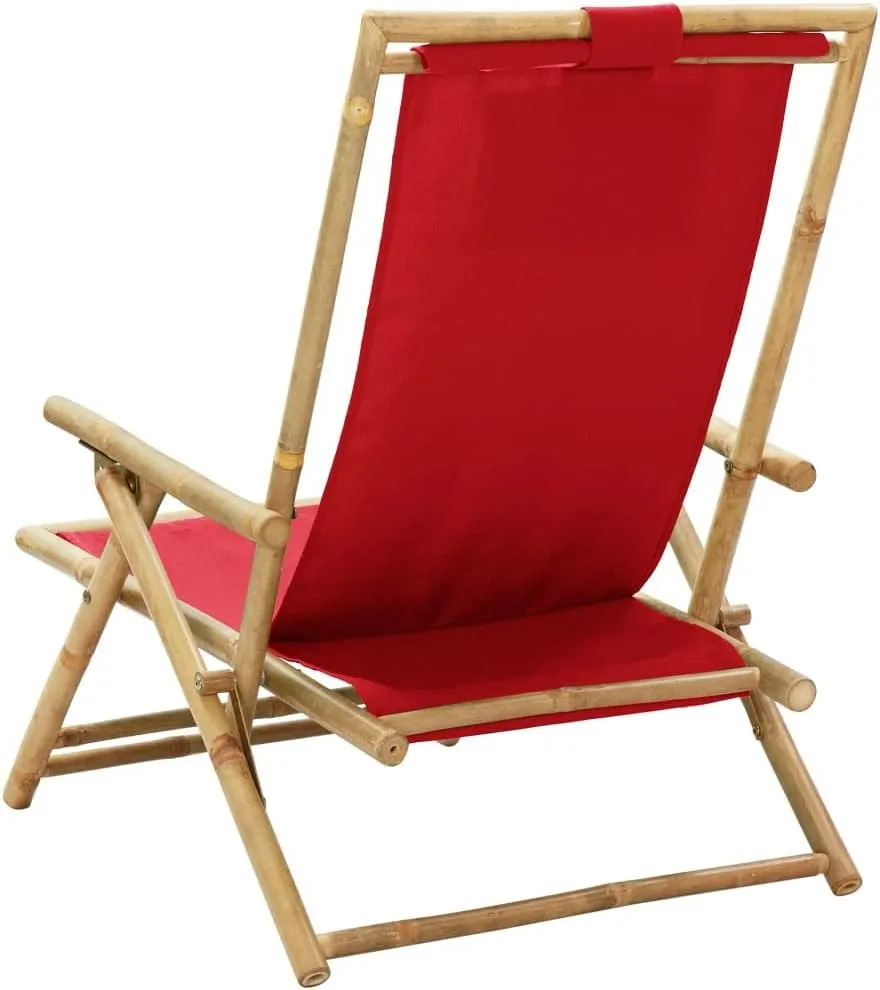 Reclining Relaxing Chair Folding Lounge Chair Red Bamboo and Fabric Outdoor Patio Furniture Adjustable Backrest for Garden, Beach, Camping, and Living Room