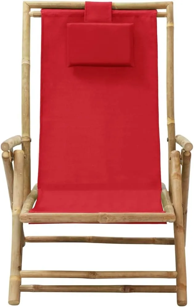 Reclining Relaxing Chair Folding Lounge Chair Red Bamboo and Fabric Outdoor Patio Furniture Adjustable Backrest for Garden, Beach, Camping, and Living Room