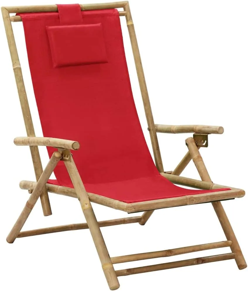 Reclining Relaxing Chair Folding Lounge Chair Red Bamboo and Fabric Outdoor Patio Furniture Adjustable Backrest for Garden, Beach, Camping, and Living Room