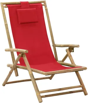 Reclining Relaxing Chair Folding Lounge Chair Red Bamboo and Fabric Outdoor Patio Furniture Adjustable Backrest for Garden, Beach, Camping, and Living Room