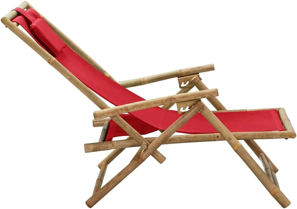 Reclining Relaxing Chair Folding Lounge Chair Red Bamboo and Fabric Outdoor Patio Furniture Adjustable Backrest for Garden, Beach, Camping, and Living Room