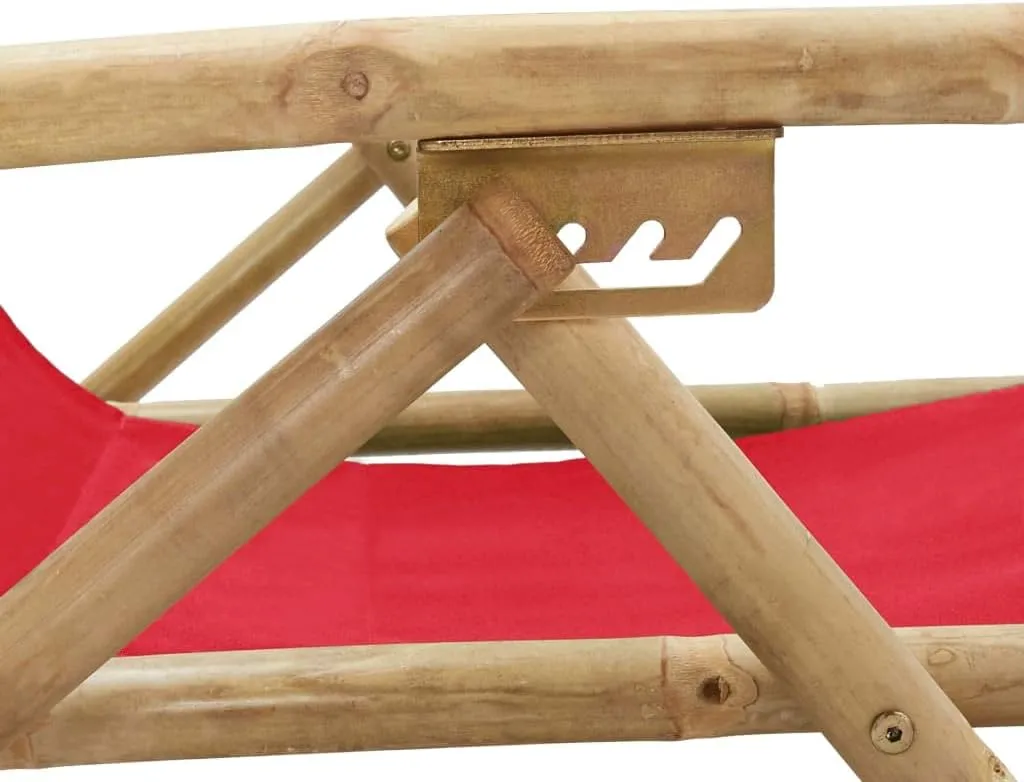 Reclining Relaxing Chair Folding Lounge Chair Red Bamboo and Fabric Outdoor Patio Furniture Adjustable Backrest for Garden, Beach, Camping, and Living Room