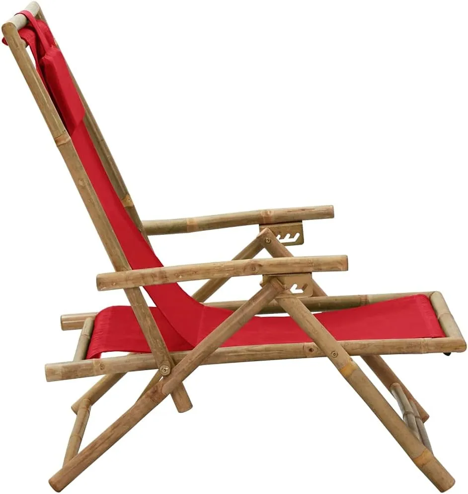 Reclining Relaxing Chair Folding Lounge Chair Red Bamboo and Fabric Outdoor Patio Furniture Adjustable Backrest for Garden, Beach, Camping, and Living Room