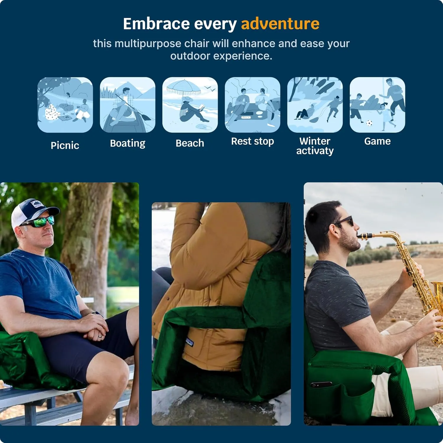 Reclining Stadium Seats for Bleachers with Back Support – Wide Bleacher Chair Cushion, Armrests, Large Pockets, and Multiple Safety Features – Best Stadium Seat Chairs for Camping, Kayak Backs & More