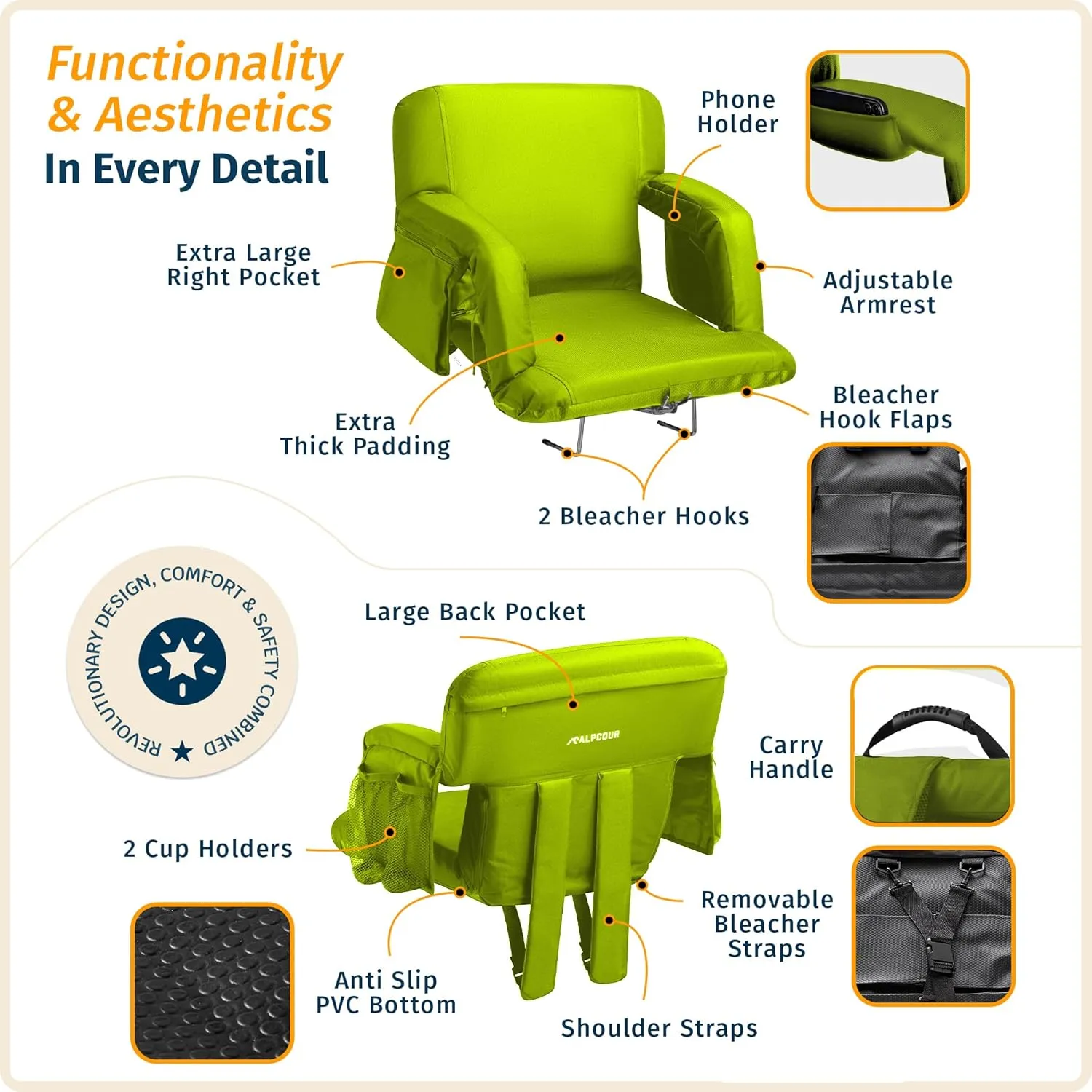 Reclining Stadium Seats for Bleachers with Back Support – Wide Bleacher Chair Cushion, Armrests, Large Pockets, and Multiple Safety Features – Best Stadium Seat Chairs for Camping, Kayak Backs & More