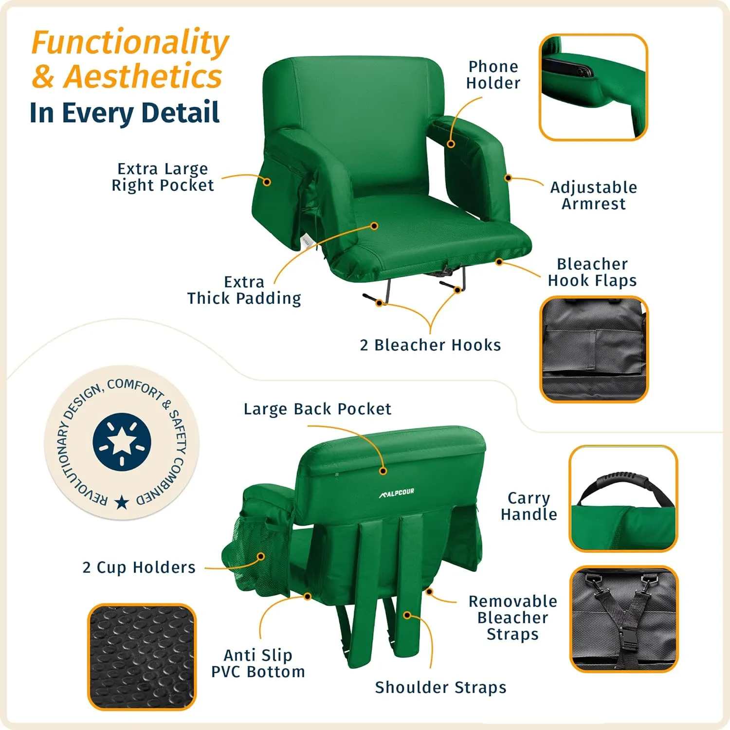 Reclining Stadium Seats for Bleachers with Back Support – Wide Bleacher Chair Cushion, Armrests, Large Pockets, and Multiple Safety Features – Best Stadium Seat Chairs for Camping, Kayak Backs & More