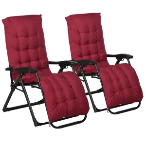 Reclining Zero Gravity Chair with Adjustable Backrest, Folding Garden Sun Lounger with Removable Cushion and Headrest, Set of 2, Wine Red