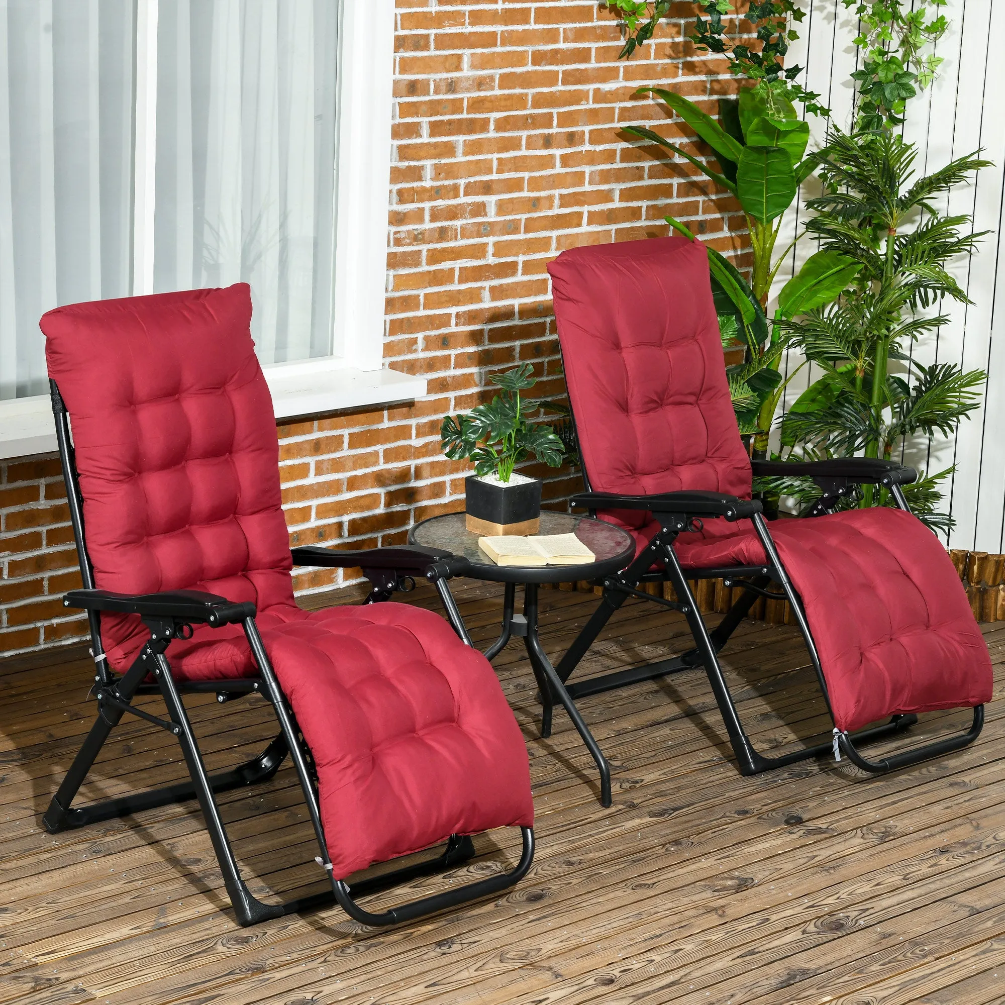 Reclining Zero Gravity Chair with Adjustable Backrest, Folding Garden Sun Lounger with Removable Cushion and Headrest, Set of 2, Wine Red