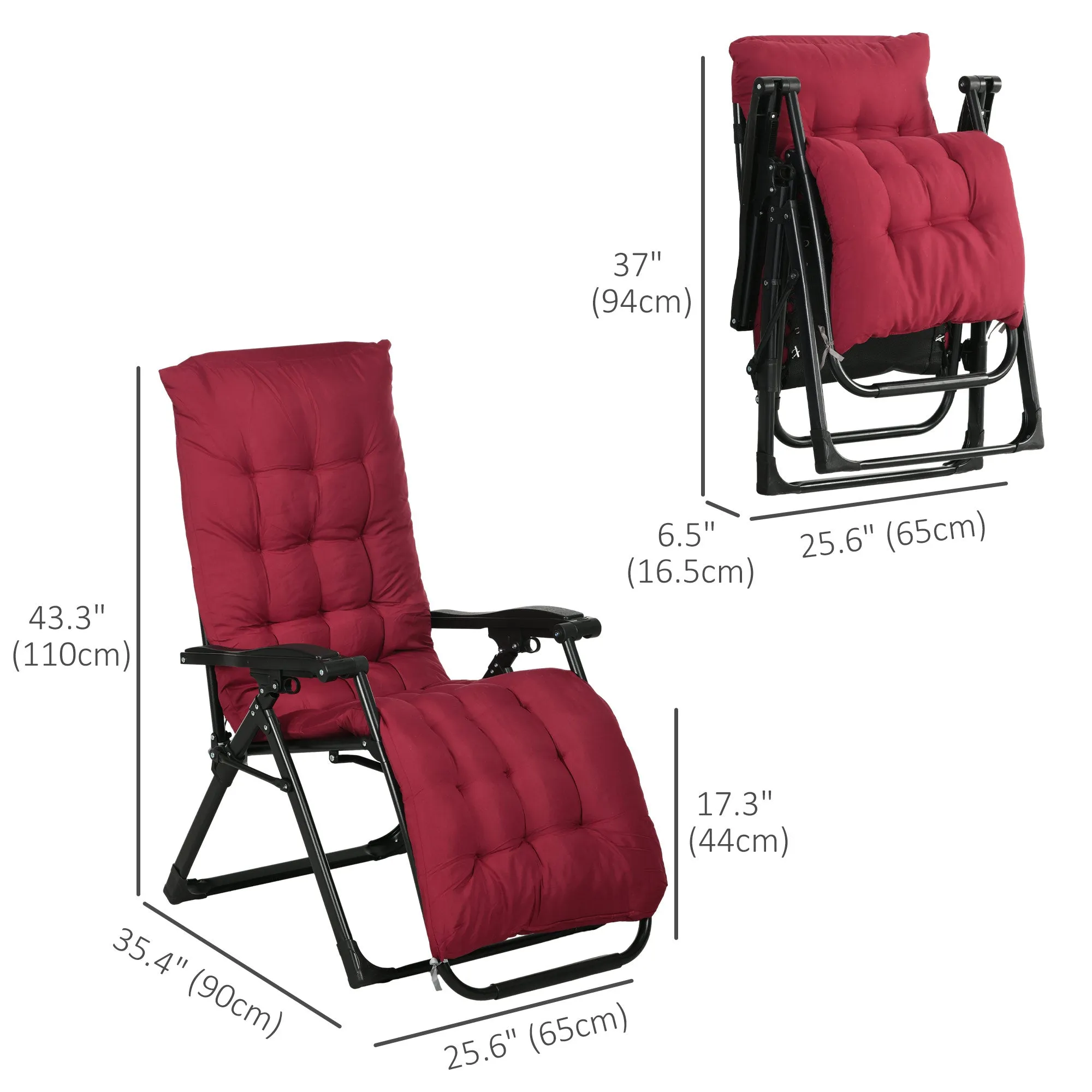 Reclining Zero Gravity Chair with Adjustable Backrest, Folding Garden Sun Lounger with Removable Cushion and Headrest, Set of 2, Wine Red