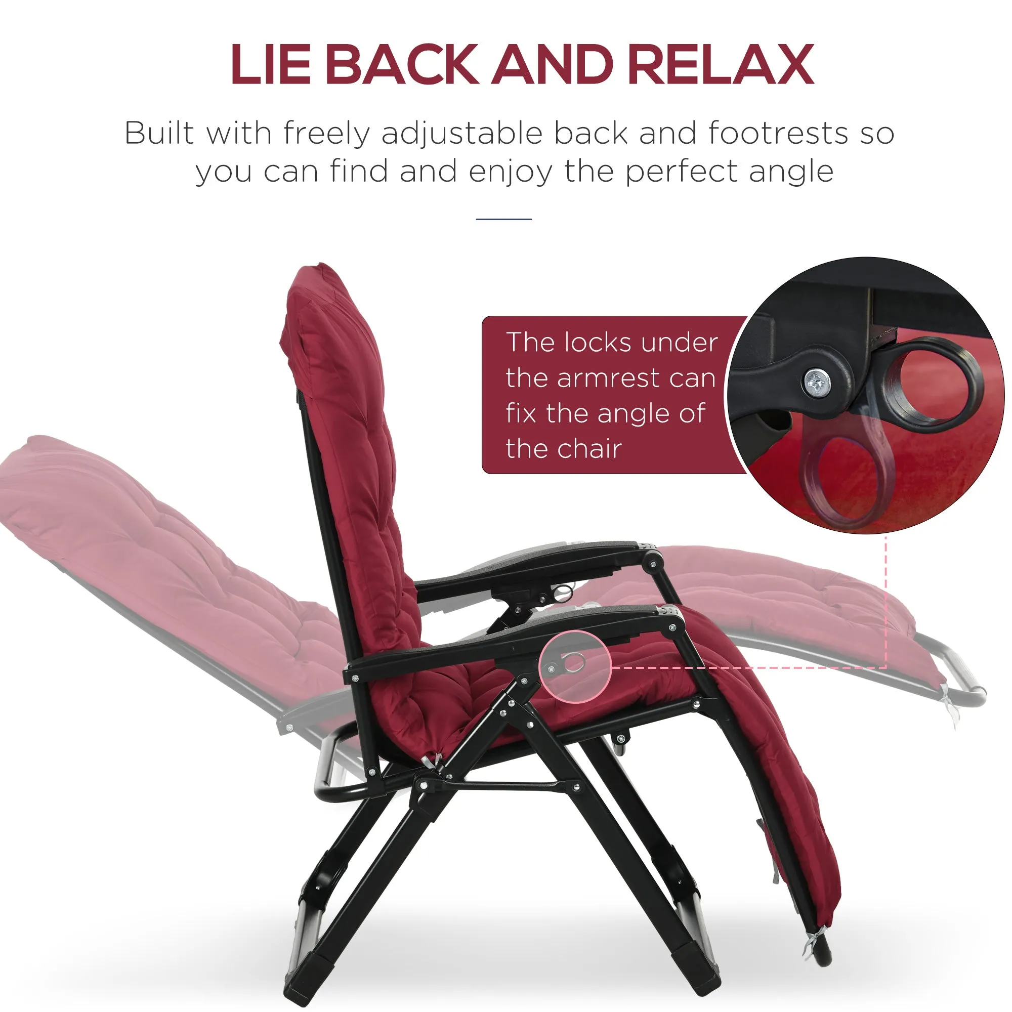 Reclining Zero Gravity Chair with Adjustable Backrest, Folding Garden Sun Lounger with Removable Cushion and Headrest, Set of 2, Wine Red