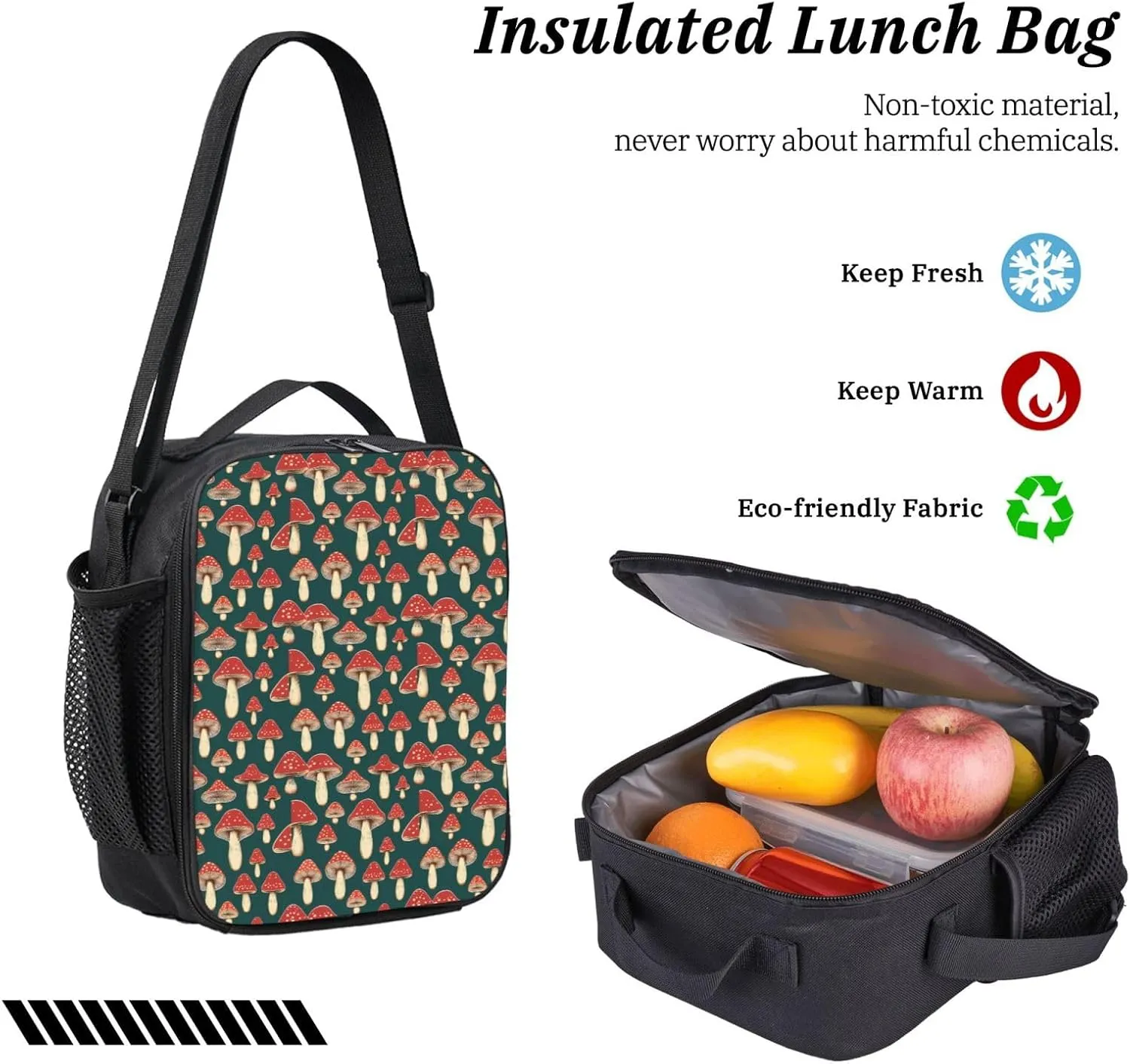 Red Mushrooms Backpack Crossbody Lunch Bag Pencil Case 3Pcs Set Lightweight Double Shoulder Bag With Insulated Lunch Box Pen Bags