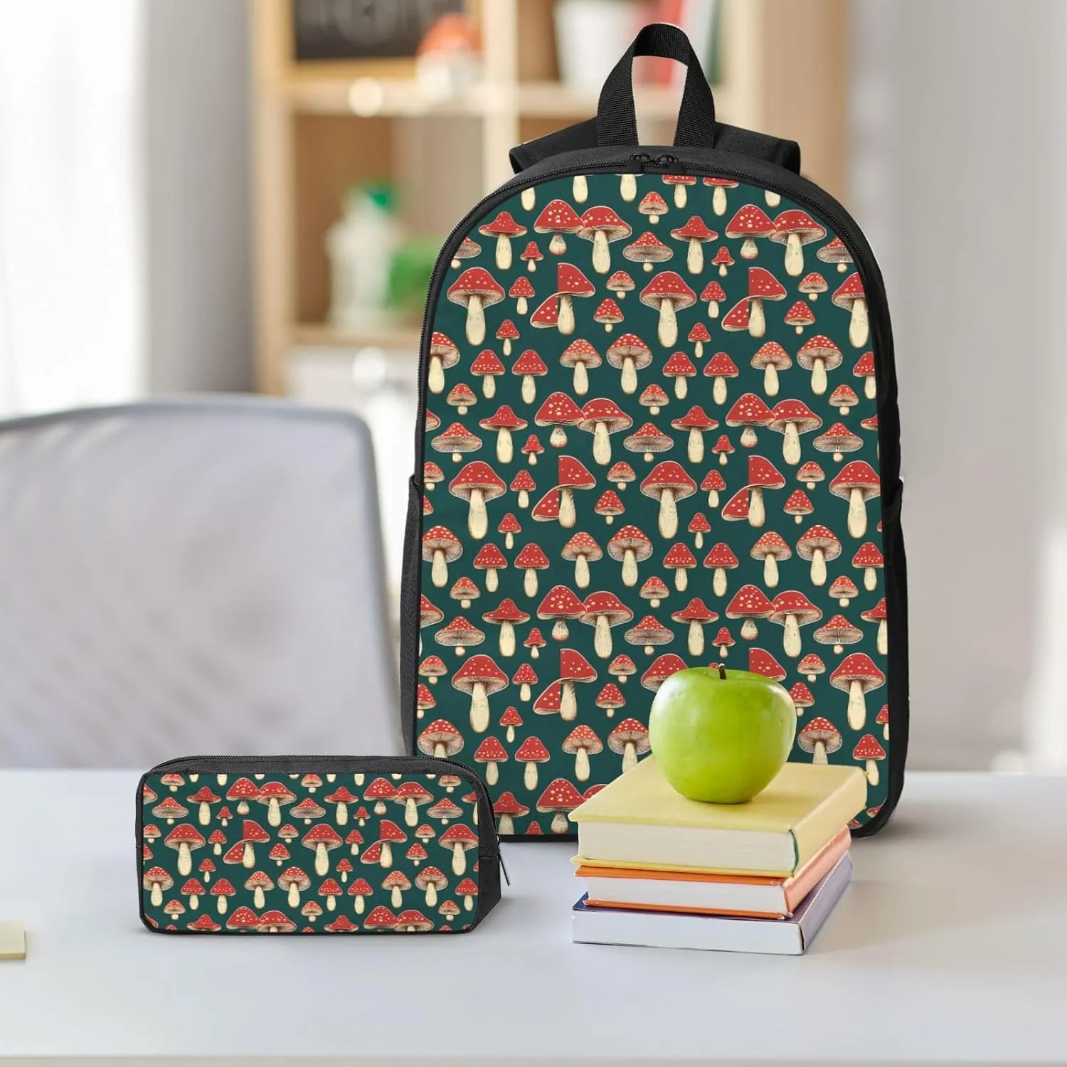Red Mushrooms Backpack Crossbody Lunch Bag Pencil Case 3Pcs Set Lightweight Double Shoulder Bag With Insulated Lunch Box Pen Bags