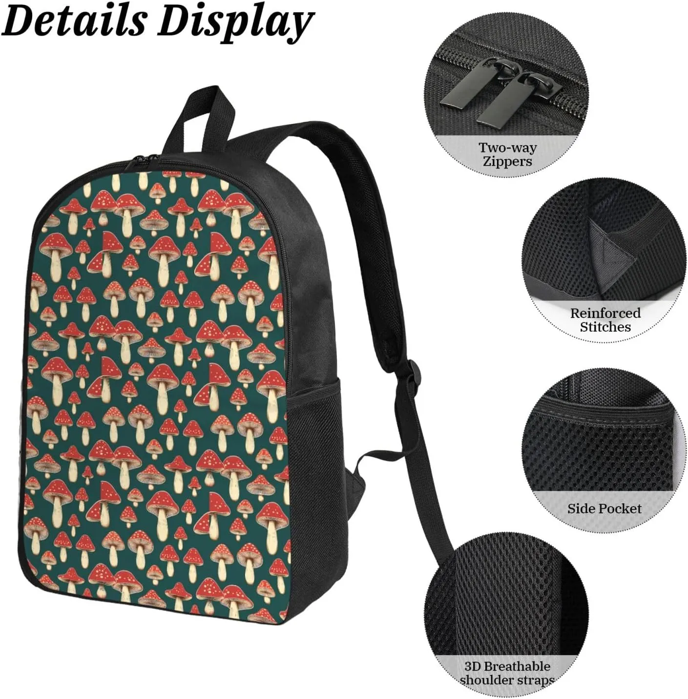 Red Mushrooms Backpack Crossbody Lunch Bag Pencil Case 3Pcs Set Lightweight Double Shoulder Bag With Insulated Lunch Box Pen Bags