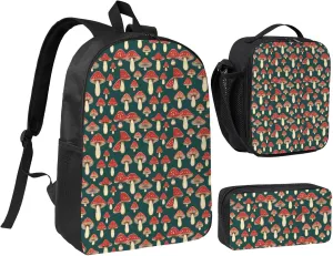 Red Mushrooms Backpack Crossbody Lunch Bag Pencil Case 3Pcs Set Lightweight Double Shoulder Bag With Insulated Lunch Box Pen Bags
