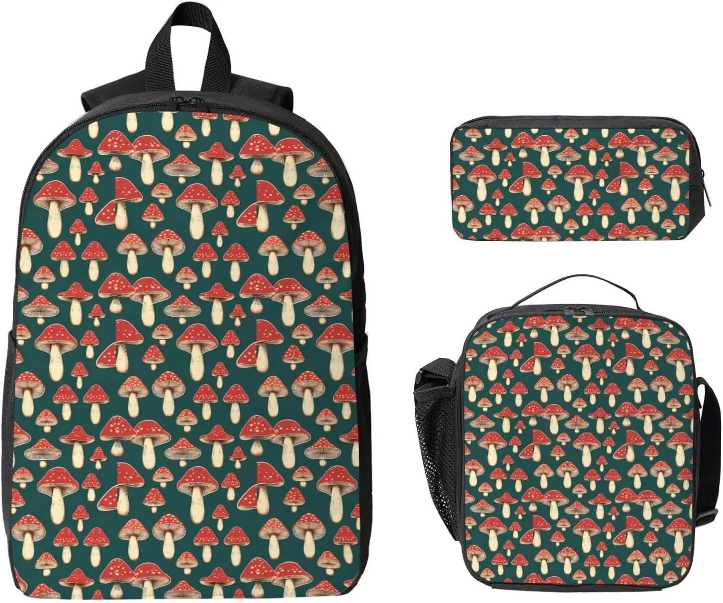 Red Mushrooms Backpack Crossbody Lunch Bag Pencil Case 3Pcs Set Lightweight Double Shoulder Bag With Insulated Lunch Box Pen Bags