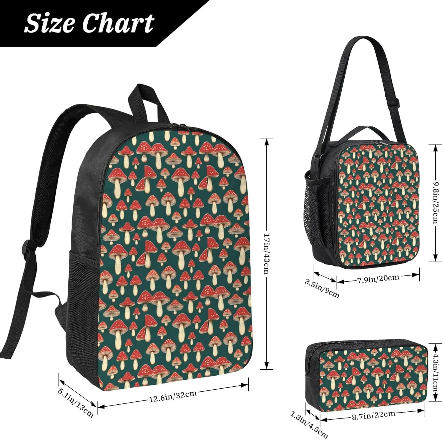 Red Mushrooms Backpack Crossbody Lunch Bag Pencil Case 3Pcs Set Lightweight Double Shoulder Bag With Insulated Lunch Box Pen Bags