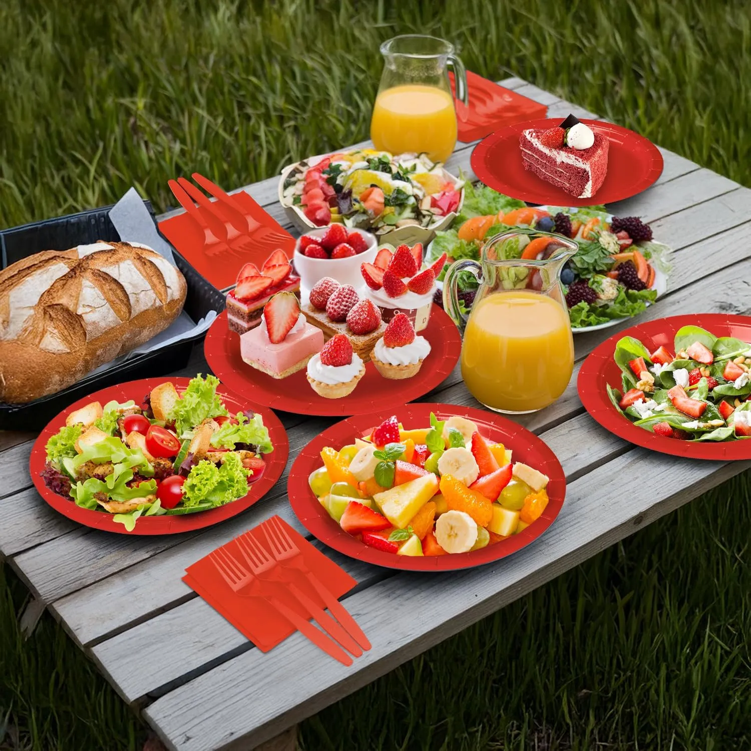 Red Paper Plates and Napkins Include 7inch Paper Dessert Plates,Napkins,Plastic Forks, Disposable Party Supplies for Birthday Wedding Party Family Picnic,for 50 Guests