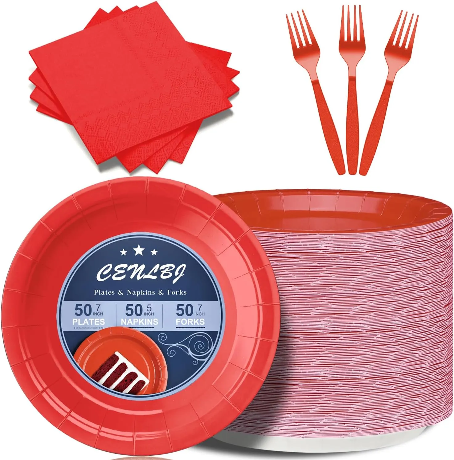 Red Paper Plates and Napkins Include 7inch Paper Dessert Plates,Napkins,Plastic Forks, Disposable Party Supplies for Birthday Wedding Party Family Picnic,for 50 Guests