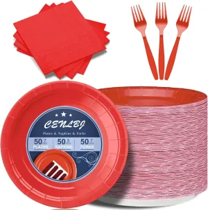 Red Paper Plates and Napkins Include 7inch Paper Dessert Plates,Napkins,Plastic Forks, Disposable Party Supplies for Birthday Wedding Party Family Picnic,for 50 Guests