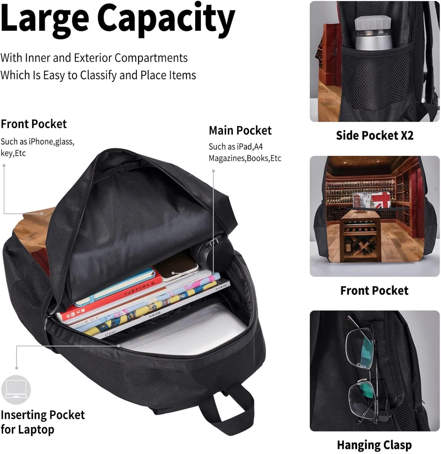 Red Wine Cellar Lightweight Print Backpack Pencil Case Insulated Lunch Bag Combination Three-Piece Suit,Daypack