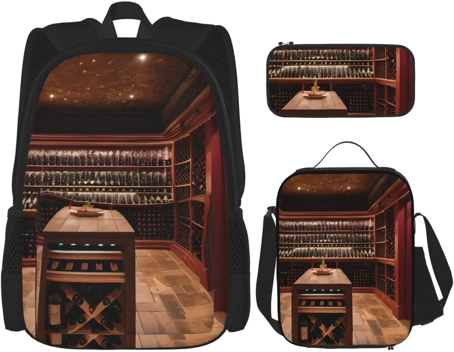 Red Wine Cellar Lightweight Print Backpack Pencil Case Insulated Lunch Bag Combination Three-Piece Suit,Daypack
