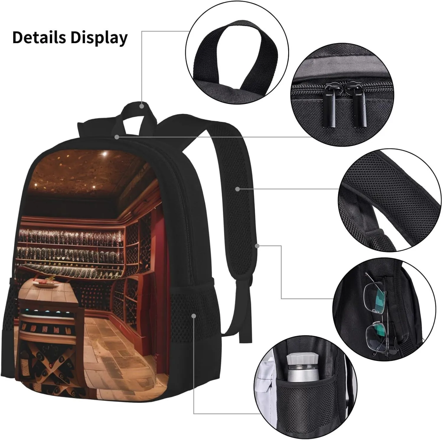 Red Wine Cellar Lightweight Print Backpack Pencil Case Insulated Lunch Bag Combination Three-Piece Suit,Daypack