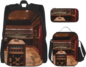Red Wine Cellar Lightweight Print Backpack Pencil Case Insulated Lunch Bag Combination Three-Piece Suit,Daypack