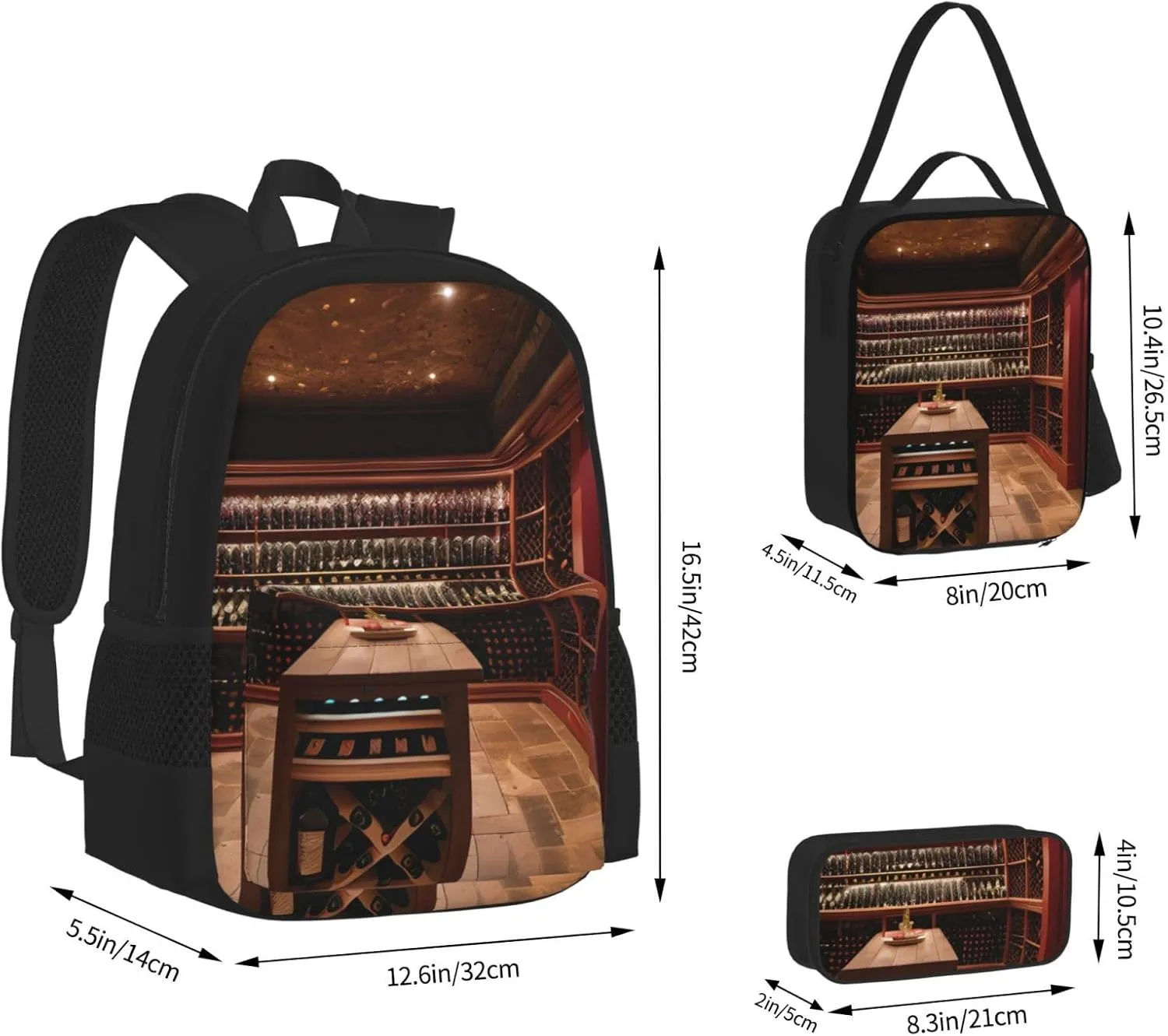 Red Wine Cellar Lightweight Print Backpack Pencil Case Insulated Lunch Bag Combination Three-Piece Suit,Daypack